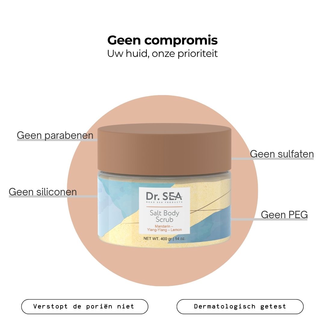 Pot bodyscrub met info. Tekst: Zonder parabenen, siliconen, sulfaten, PEG. Dermatologisch getest.