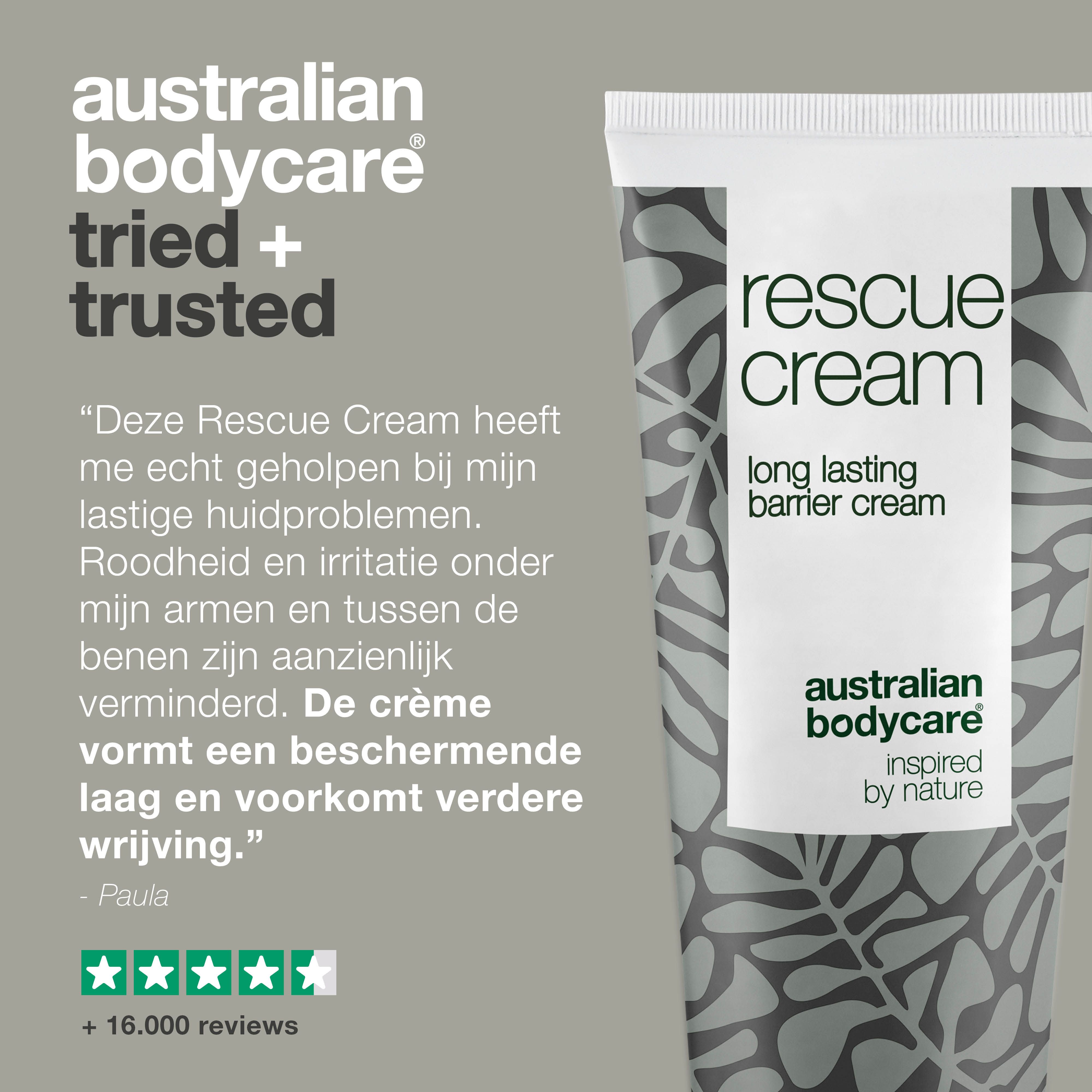 Tekst en tube barrièrecrème. Tekst: rescue cream, australian bodycare.