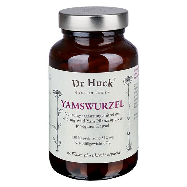 Bruine glazen fles met zilveren deksel. Opschrift Dr. Huck Yamswurzel Kapseln. 130 capsules, vegan.