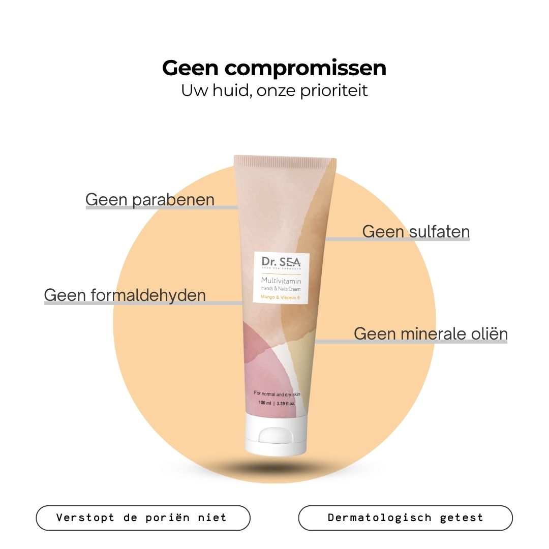 Crèmetube. Opschrift: Dr. SEA, Multivitamin, Hands & Nails Cream, Mango & Vitamin E. Tekst over voordelen van de crème.
