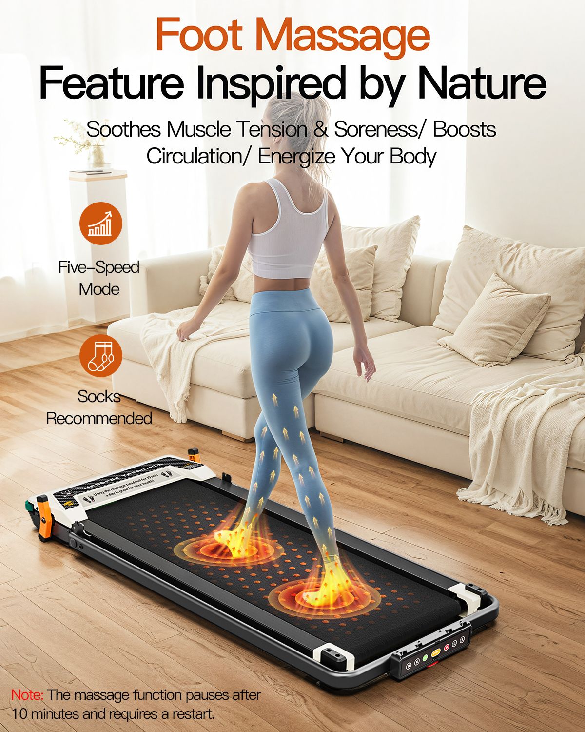 Tapis roulant compact pour massage des pieds, cinq modes de vitesse. Une femme marche dessus.