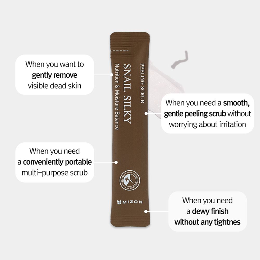 Individuele verpakking met tekst. Opschrift: PEELING SCRUB, Snail Silky. Tekstblokken met gebruiksbeschrijvingen. MIZON logo.