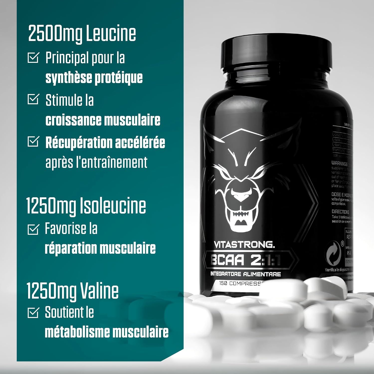 Vitastrong BCAA 2:1:1 fles en tabletten. Tabletten op witte achtergrond. Tekst: Tabletten, gemakkelijk te slikken.