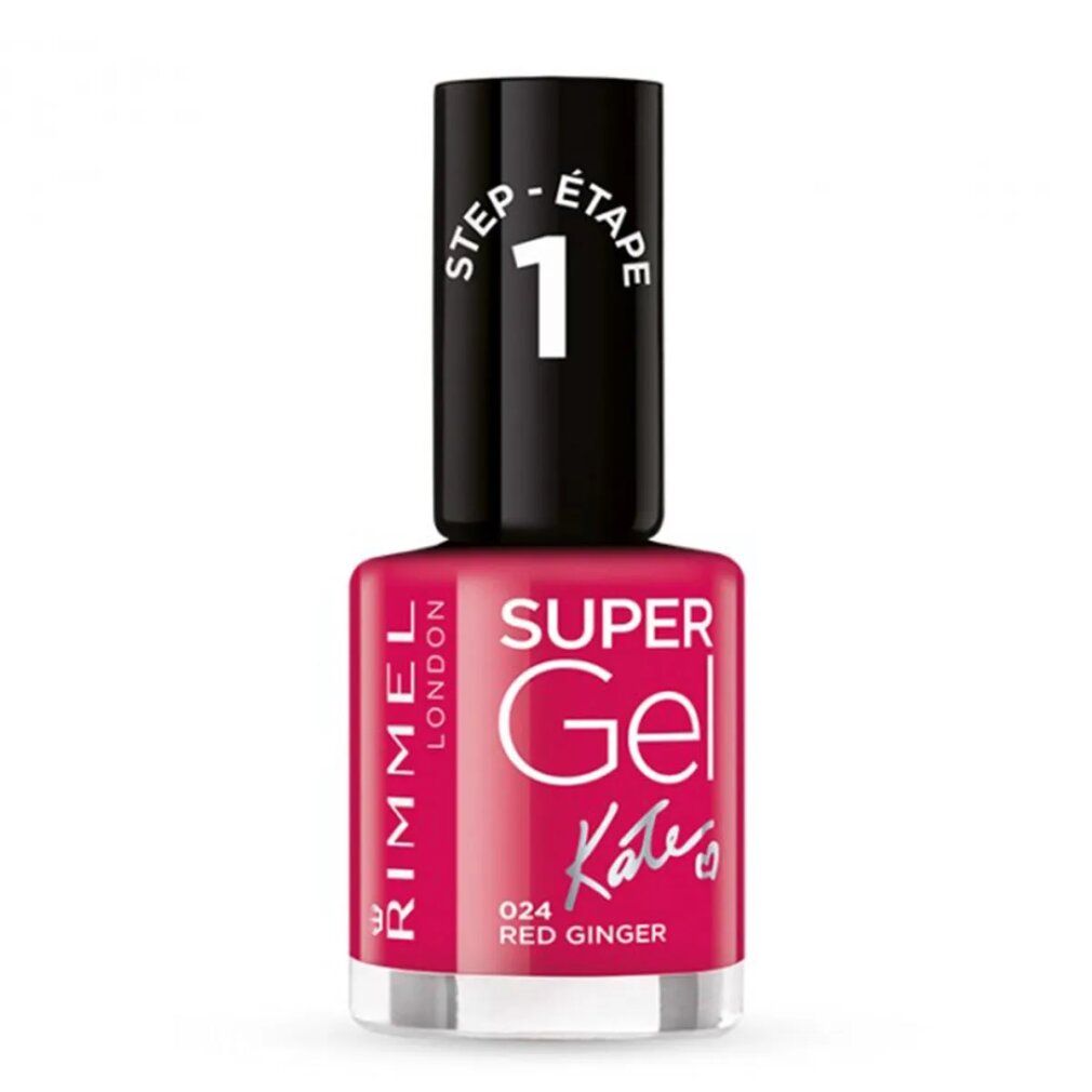 Vernis à ongles Rimmel Super Gel, rouge. Bouchon noir avec texte blanc. Inscription: Super Gel Kate's, 024 Red Ginger.