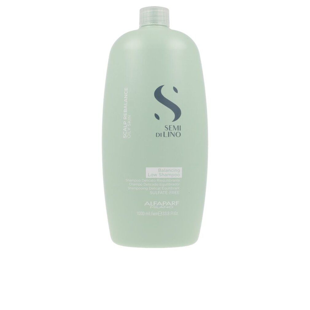 Lichtgroene fles met Alfaparf Semi di Lino Balancing Low Shampoo etiket en 'S'-logo.