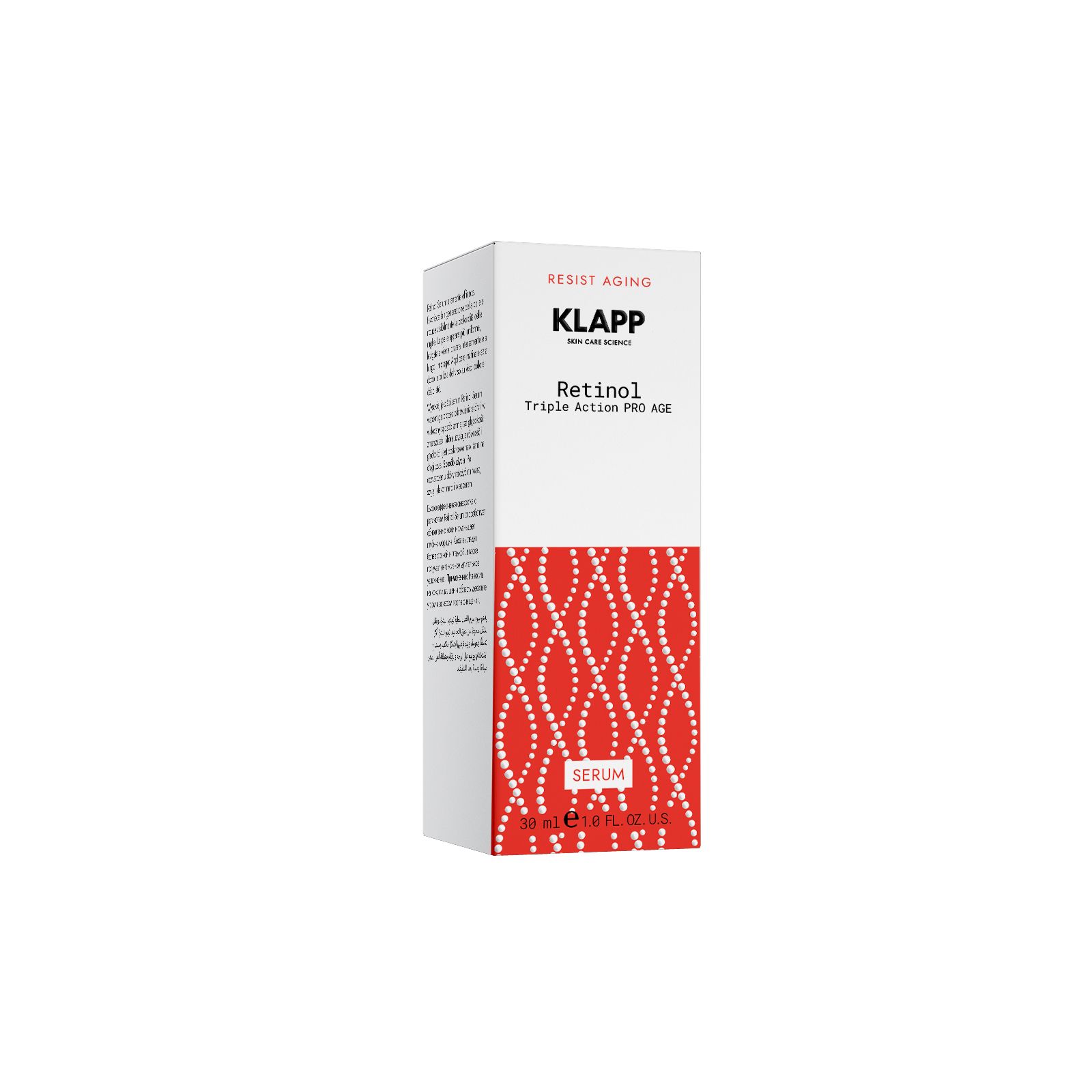 Boîte blanche avec motif rouge. Texte : KLAPP, Resist Aging, Retinol Triple Action Pro Age Serum.