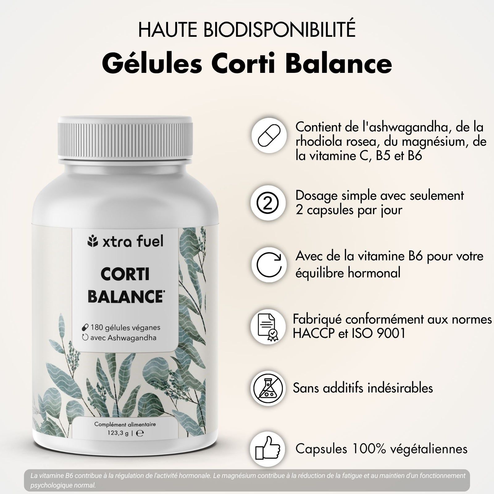 Flacon de gélules Corti Balance. Contient Ashwagandha, Rhodiola, Magnésium, Vitamines C, B5, B6. 180 gélules végétales.