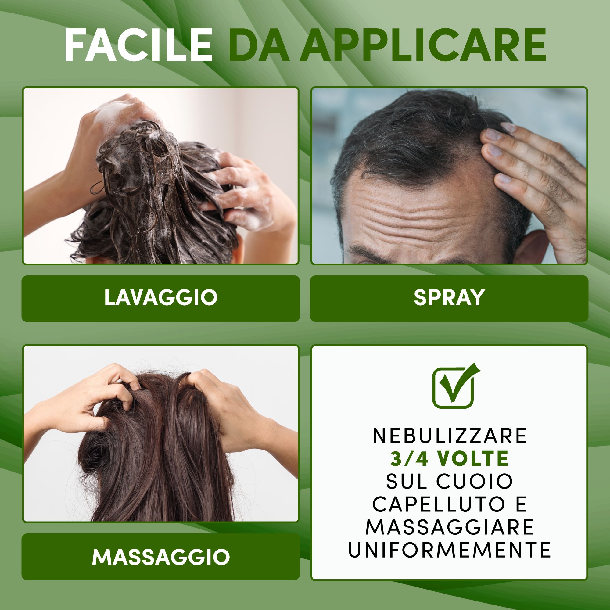 Exemples d'application. Images de lavage des cheveux, application de spray, massage du cuir chevelu. Texte : Facile à appliquer. 3/4 pulvérisations sur le cuir chevelu.