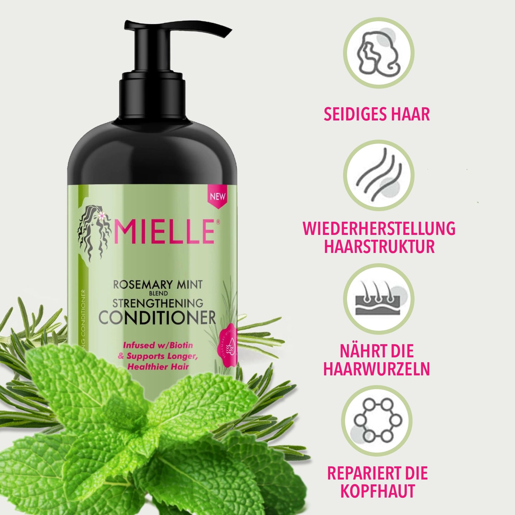 Conditionneur Mielle. Flacon noir avec pompe. Romarin, menthe et texte. Icônes : cheveux soyeux, structure capillaire, racines, cuir chevelu.