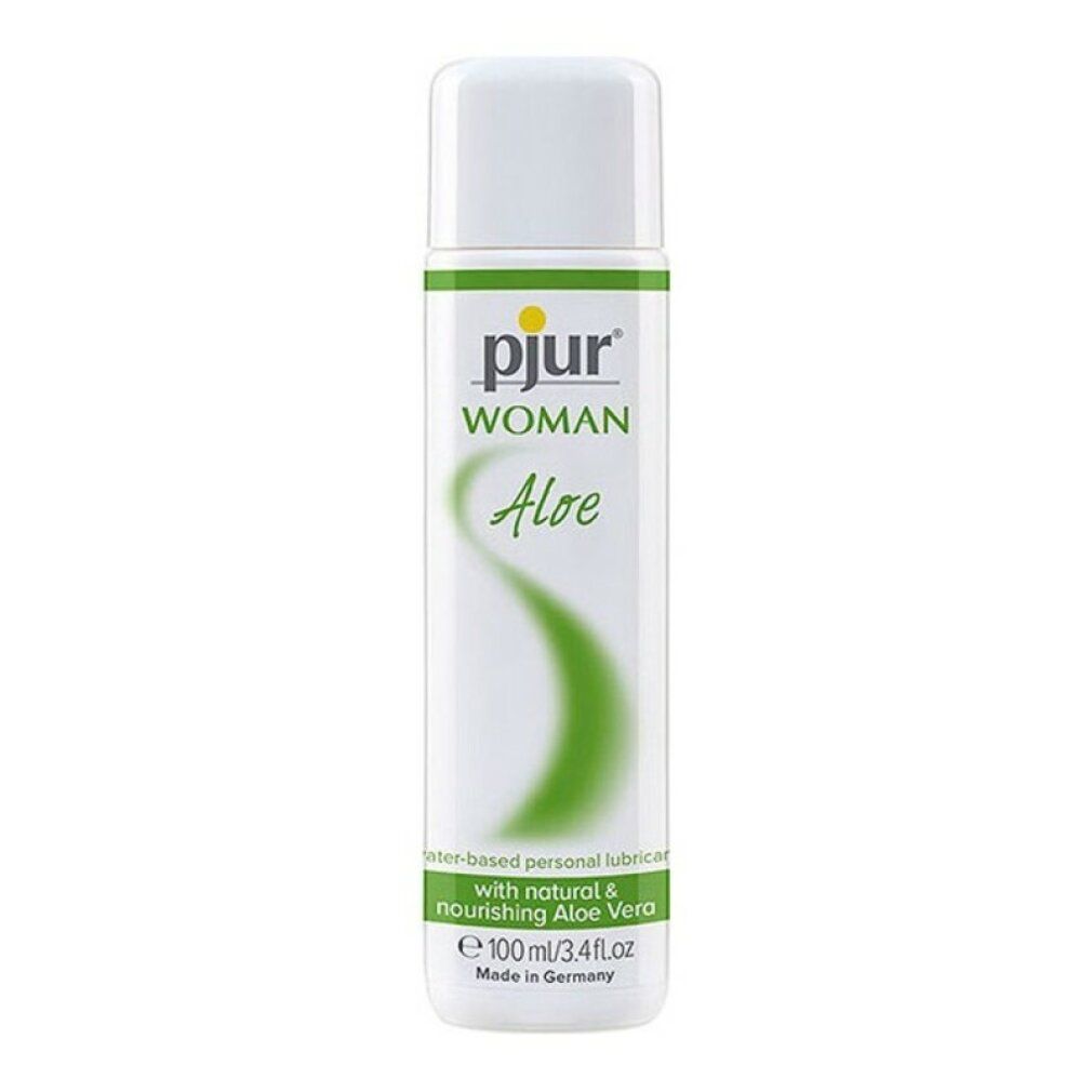 Witte fles met geel logo "pjur" en tekst "WOMAN Aloe". Bevat "Water-based Personal Lubricant".