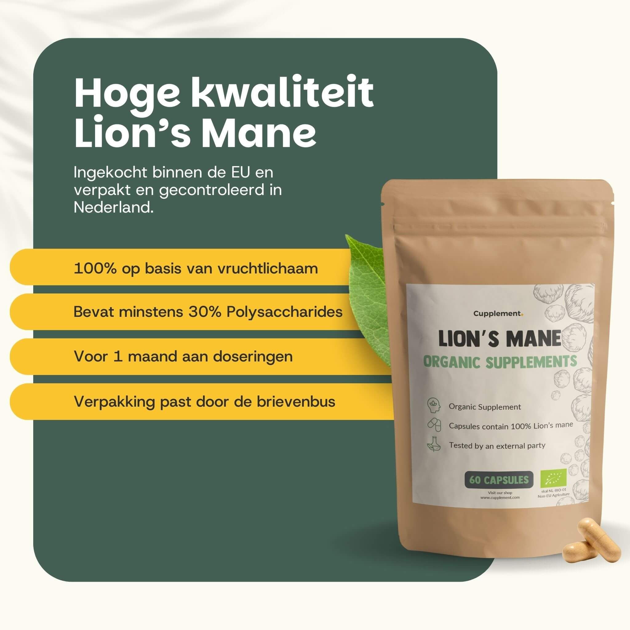 Bruine zak met capsules. Opschrift: Lion's Mane Organic Supplements. 60 capsules. Tekst: 100% vruchtlichaam.