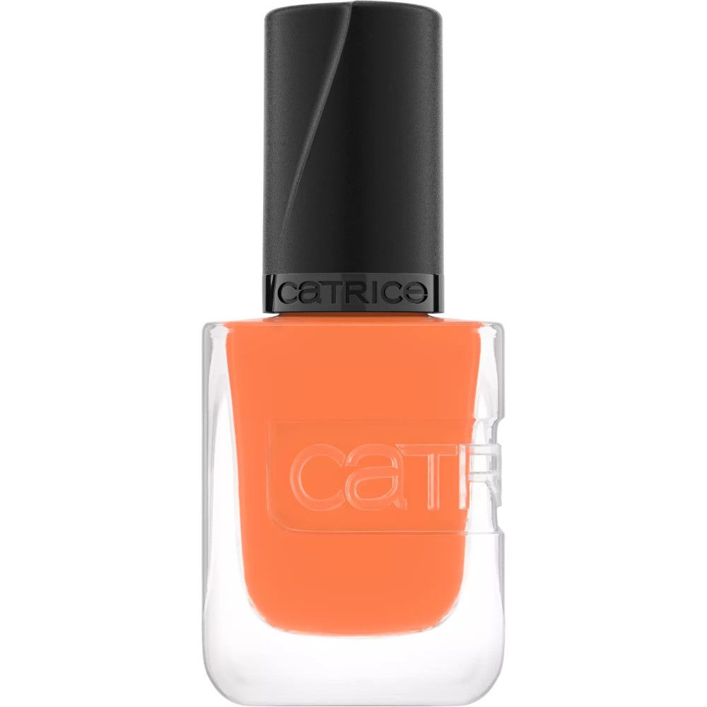 Flacon de vernis à ongles orange avec bouchon noir. Marque Catrice.