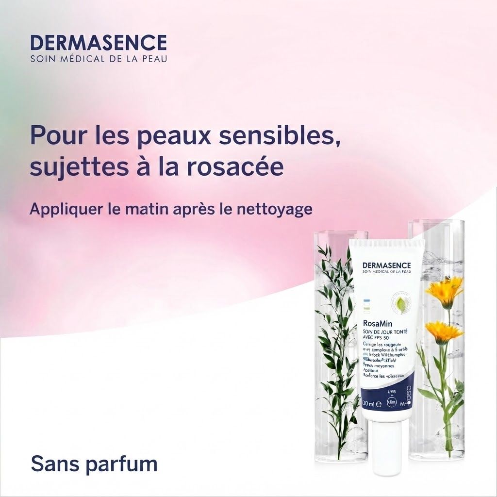 Dermasence RosaMin soin teinté jour avec SPF 50 dans un tube blanc.