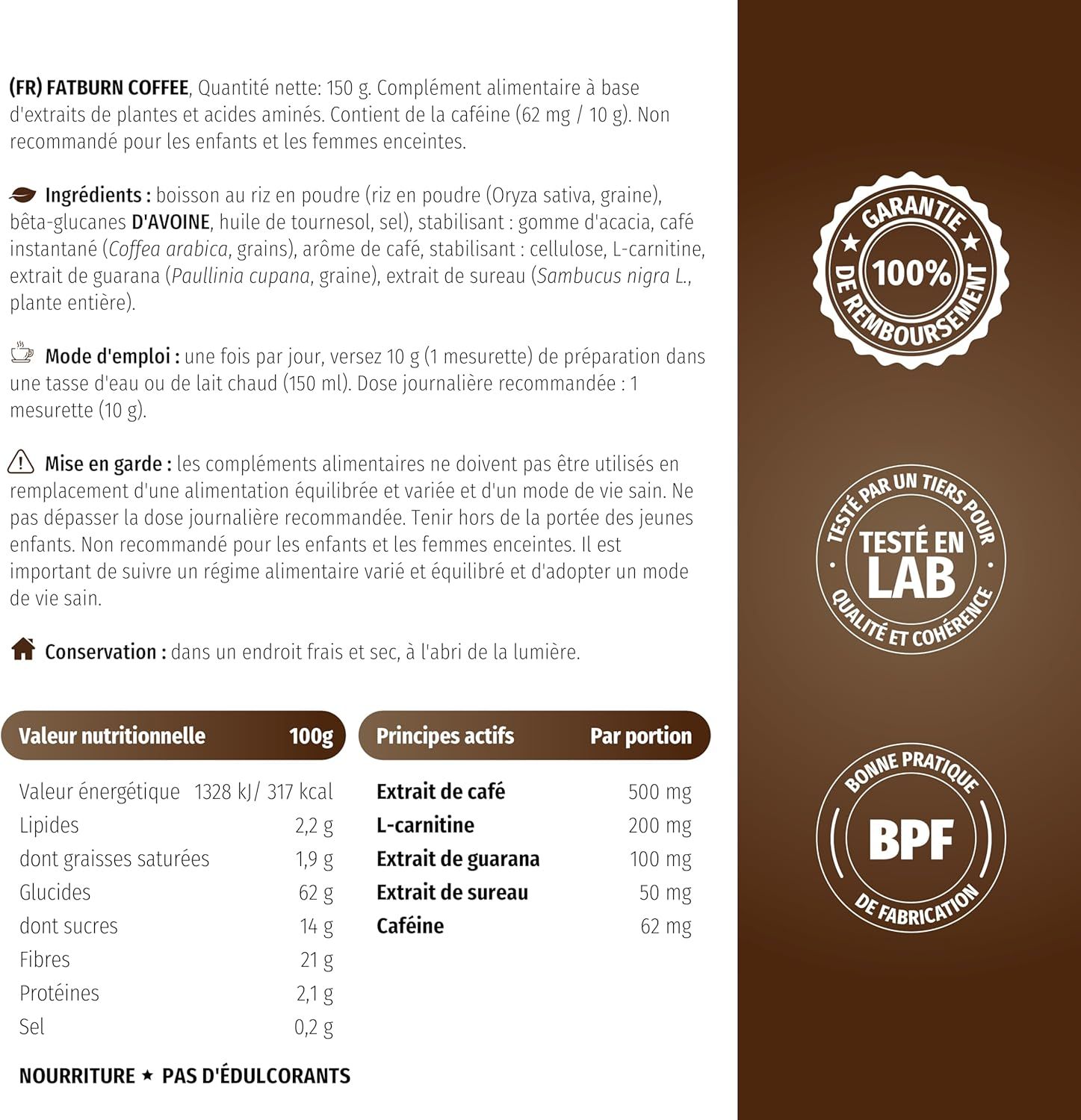 Boîte OK!FatBurn Coffee avec action 5en1 et icônes des avantages.