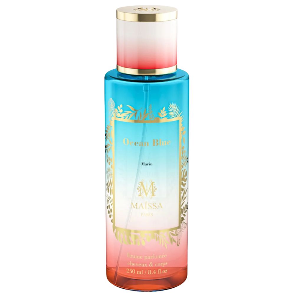 Flacon bleu-rose avec détails dorés. Inscription "Ocean Blue" et "Maïssa Paris".