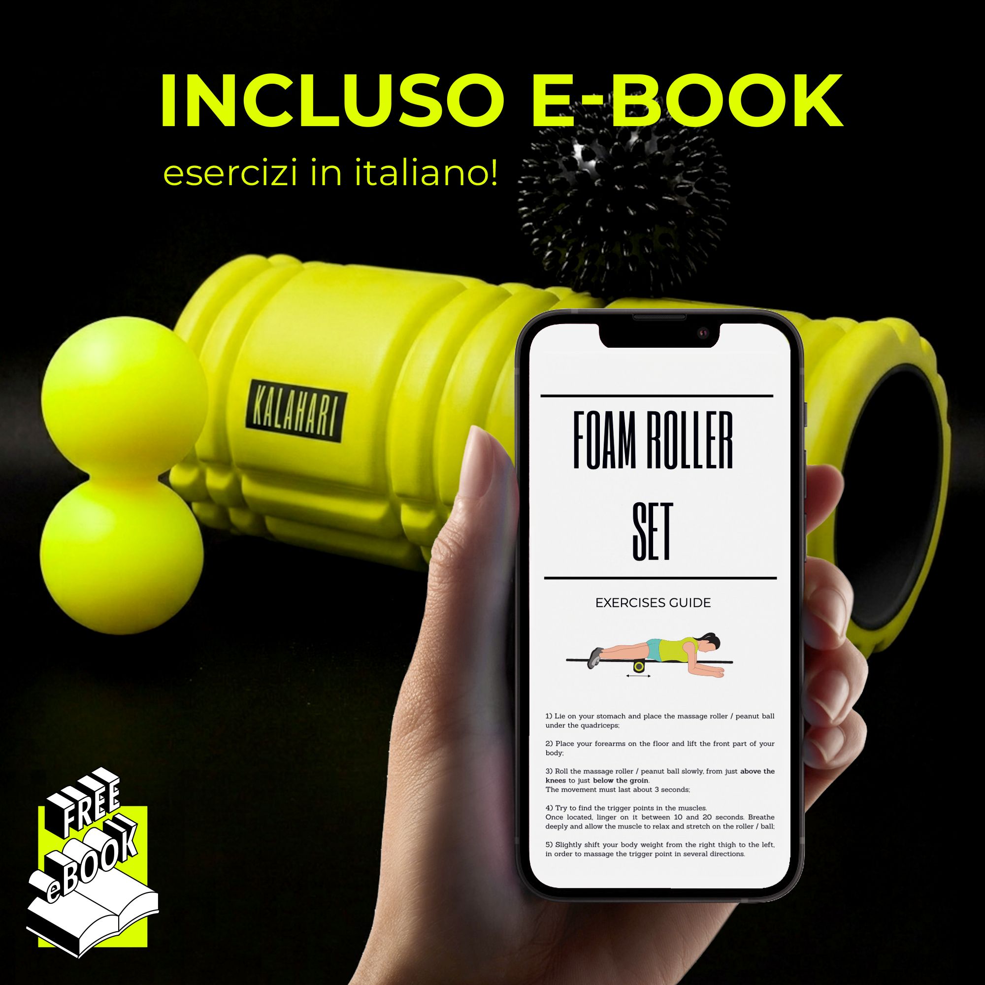 Fascia roller set met e-book op smartphone. Gele roller, stekelbal, duoball.