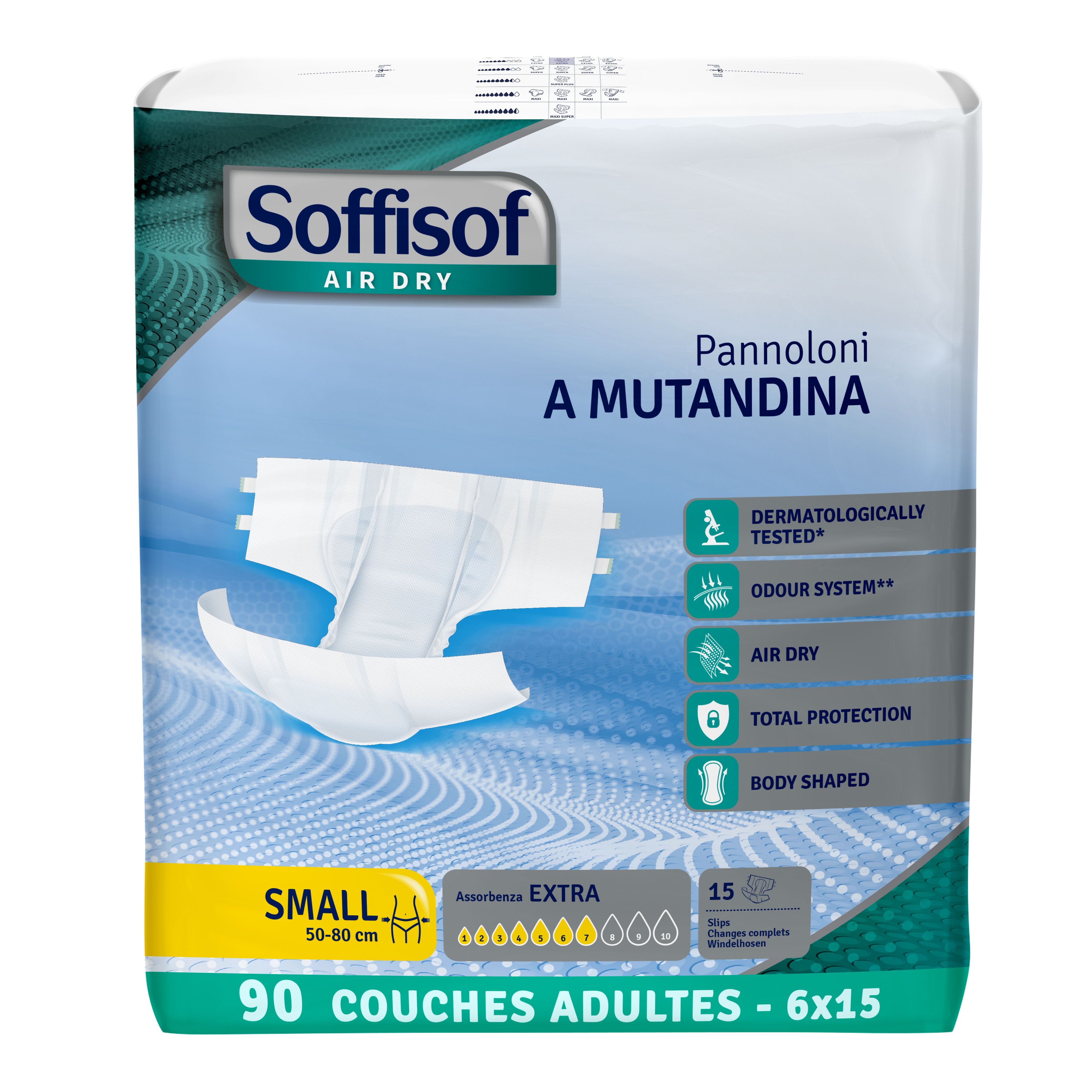 Couches adultes Soffisof Air Dry Extra. Taille S, 50-80 cm. 90 couches. Testé dermatologiquement, système anti-odeurs, Air Dry, protection totale, forme.
