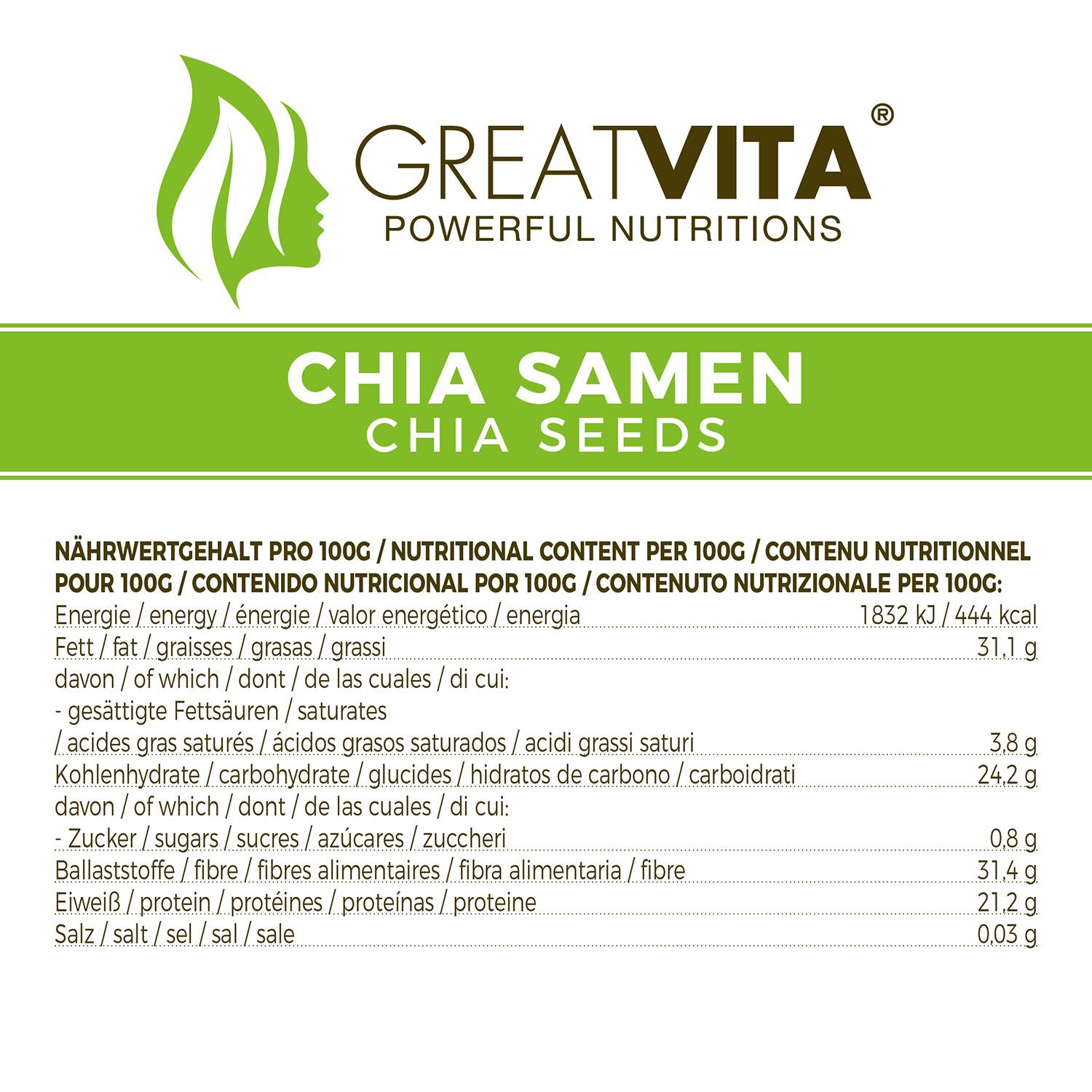 Tableau nutritionnel pour les graines de chia. Contient des informations pour 100g: énergie, matières grasses, glucides, sucres, fibres, protéines, sel.
