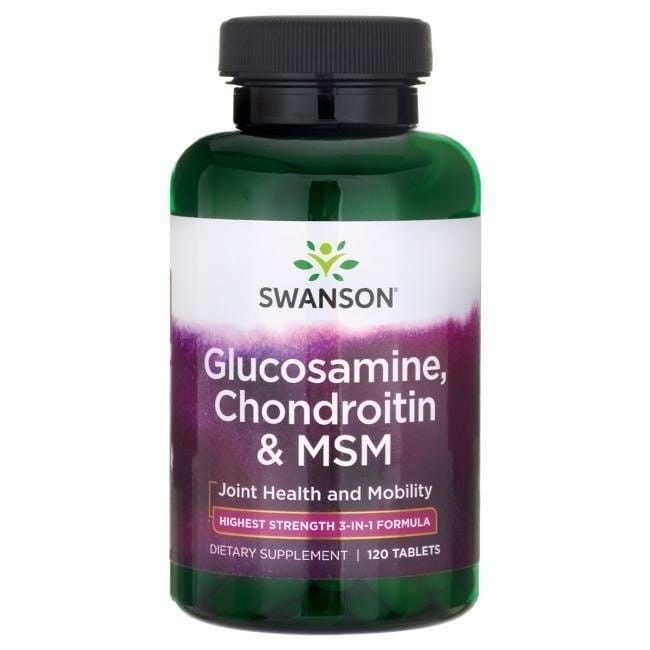 Groene fles met zwarte dop. Opschrift: SWANSON Glucosamine, Chondroïtine & MSM. 120 tabletten. Voedingssupplement.