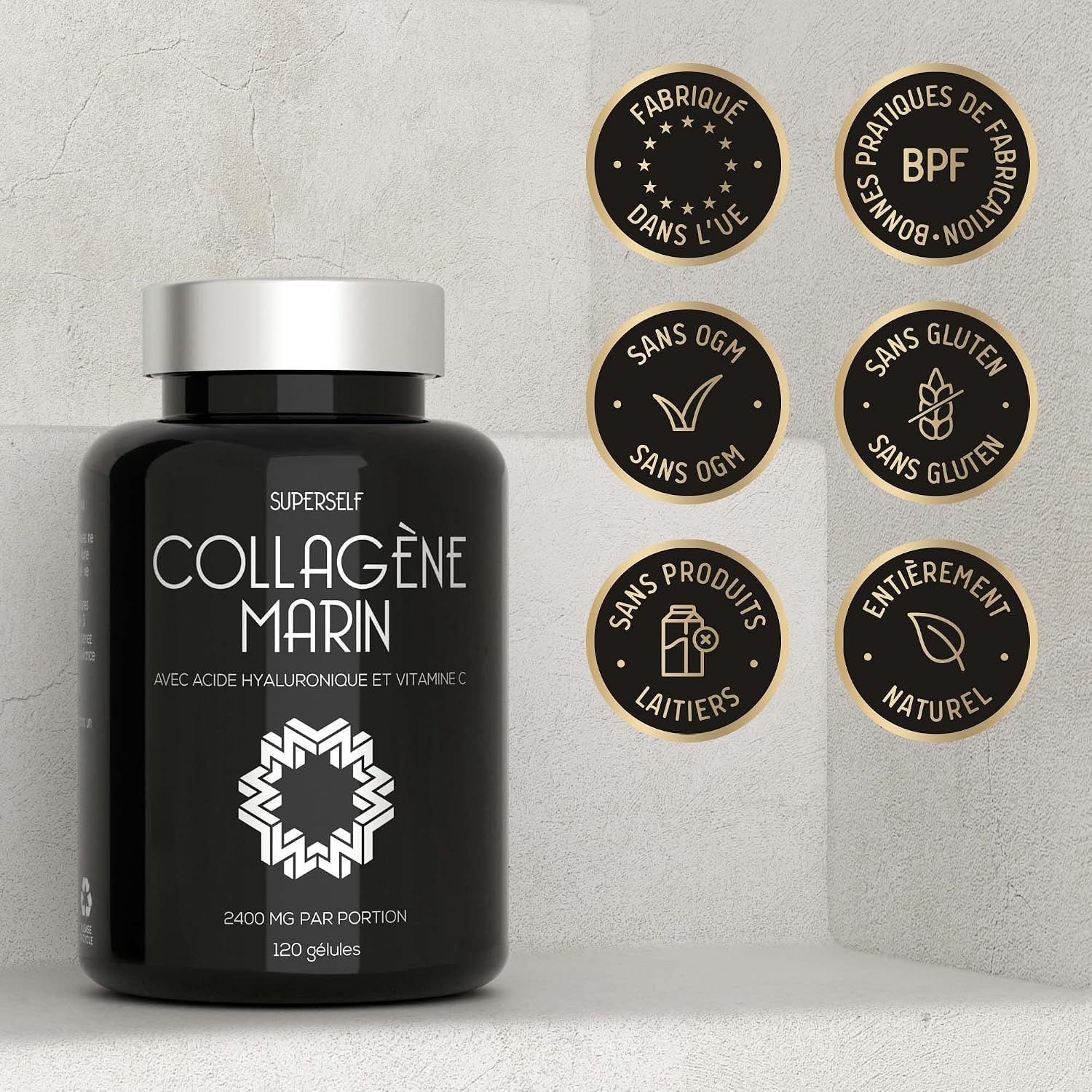 Bouteille noire avec inscription 'Collagen Marin', contient 120 gélules. Plusieurs sceaux indiquent 'Sans OGM', 'Sans Gluten', 'Sans Produits Laitiers', 'Naturel'.