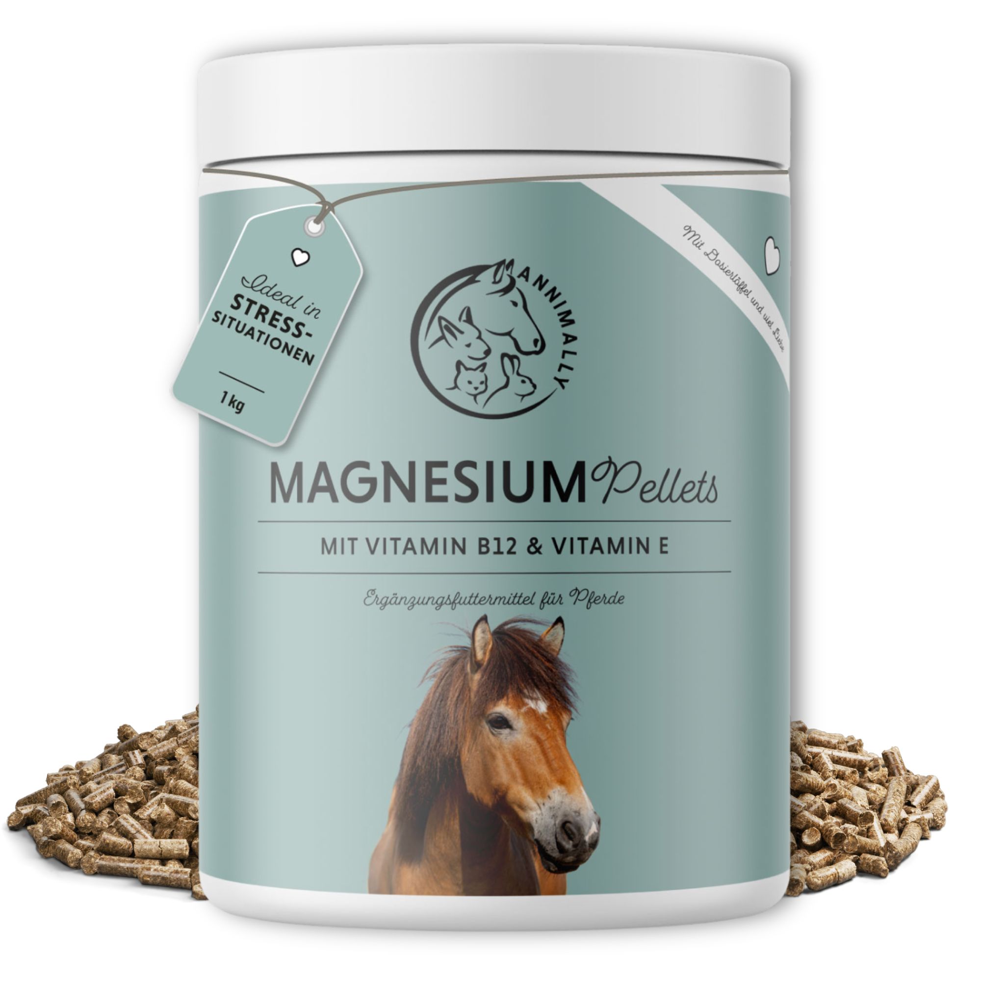 Pot de pellets de magnésium Annimally. Inscription: Magnesium Pellets, avec Vitamine B12 & E. 1 kg. Granulés bruns à côté.