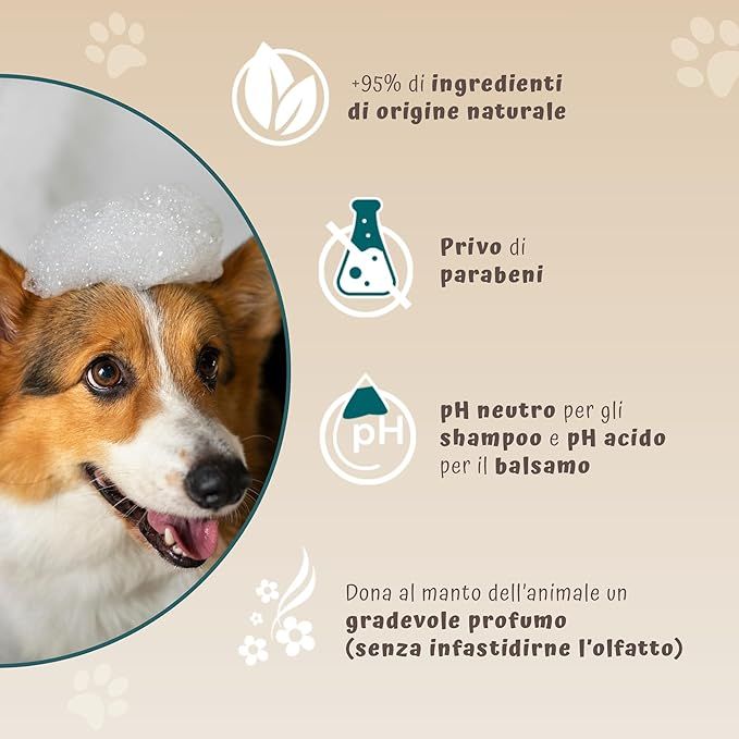 Gros plan d'un chien avec de la mousse sur la tête. Texte: +95% di ingredienti di origine naturale, Privo di parabeni, pH neutro. Texte: Dona al manto dell'animale un gradevole profumo.