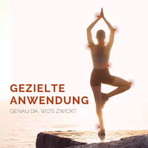 Personne en pose de yoga. Cercles rouges autour des articulations. Texte: Application ciblée. Là où ça coince.