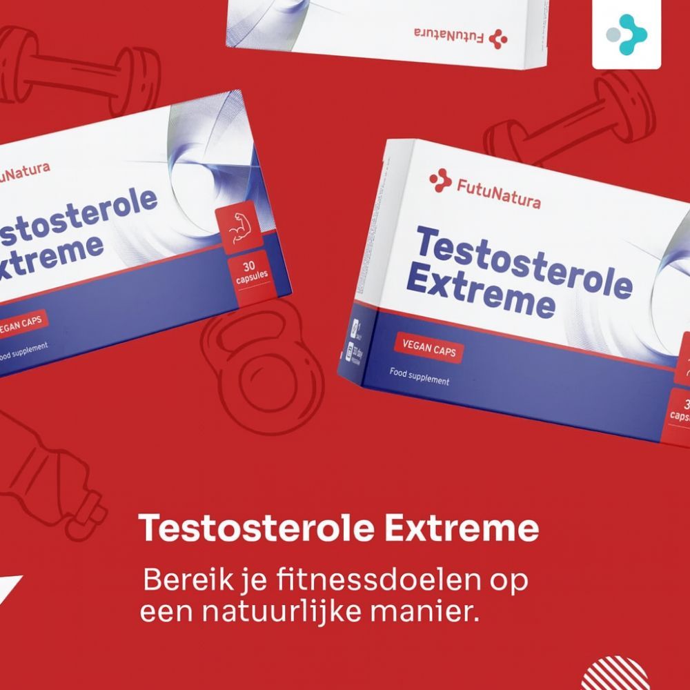 FutuNatura Testosterole Extreme, 30 capsules. Twee verpakkingen op rode achtergrond. Tekst: Bereik je fitnessdoelen op een natuurlijke manier.