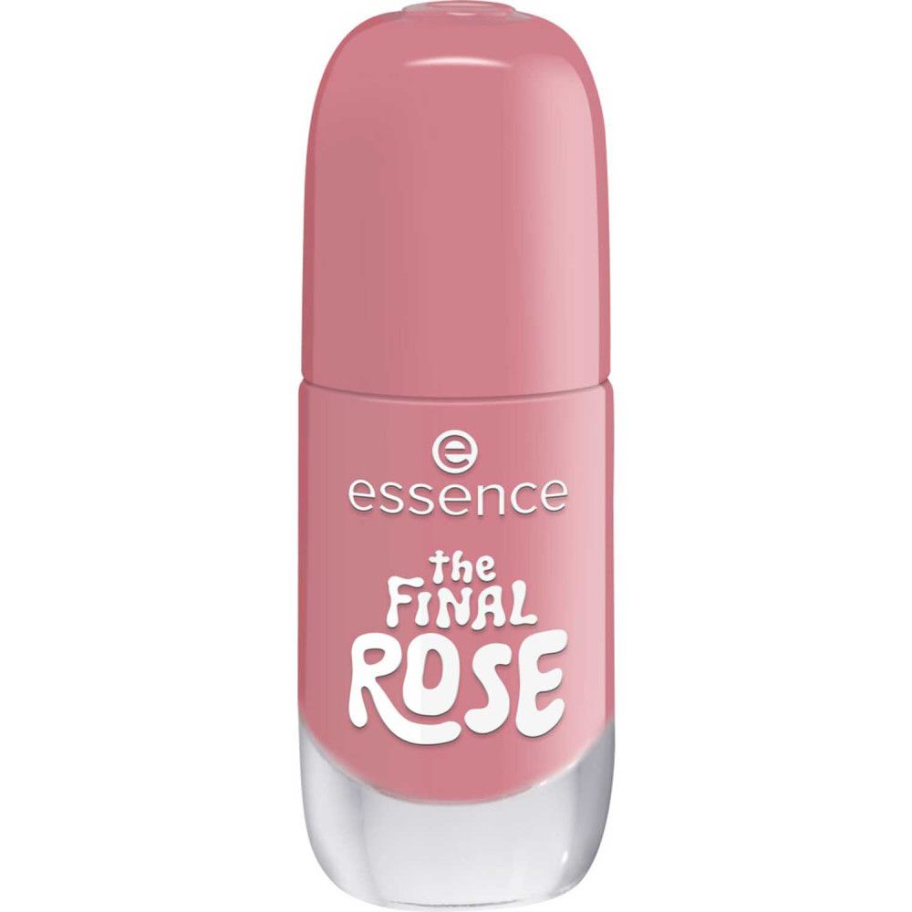 Gesloten roze nagellakfles. Opschrift: essence, the FINAL ROSE.