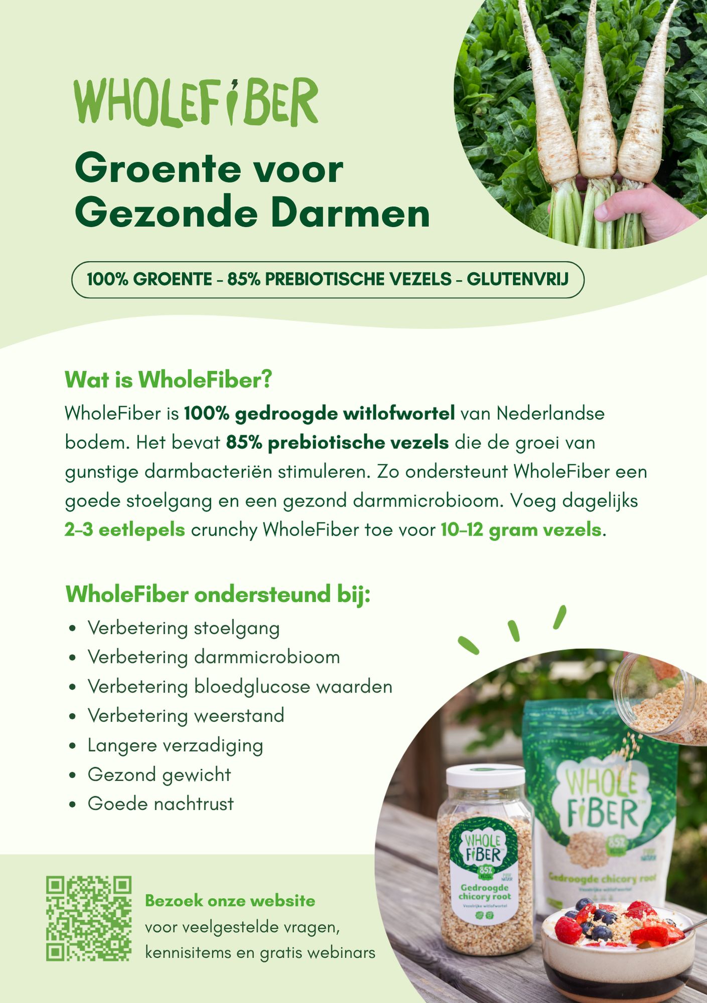 Promotiebeeld met cichoreiwortels, WholeFiber zakje en pot. Tekst: "Groente voor gezonde darmen".