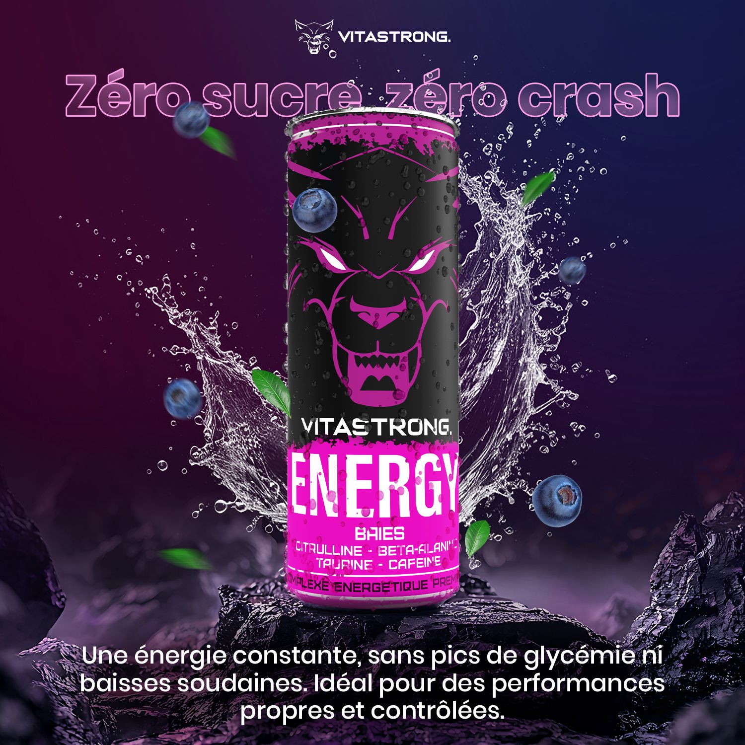 Vitastrong Energy Berries blikje, blauwe bessen, tekst. Nul suiker, nul crash, constante energie.