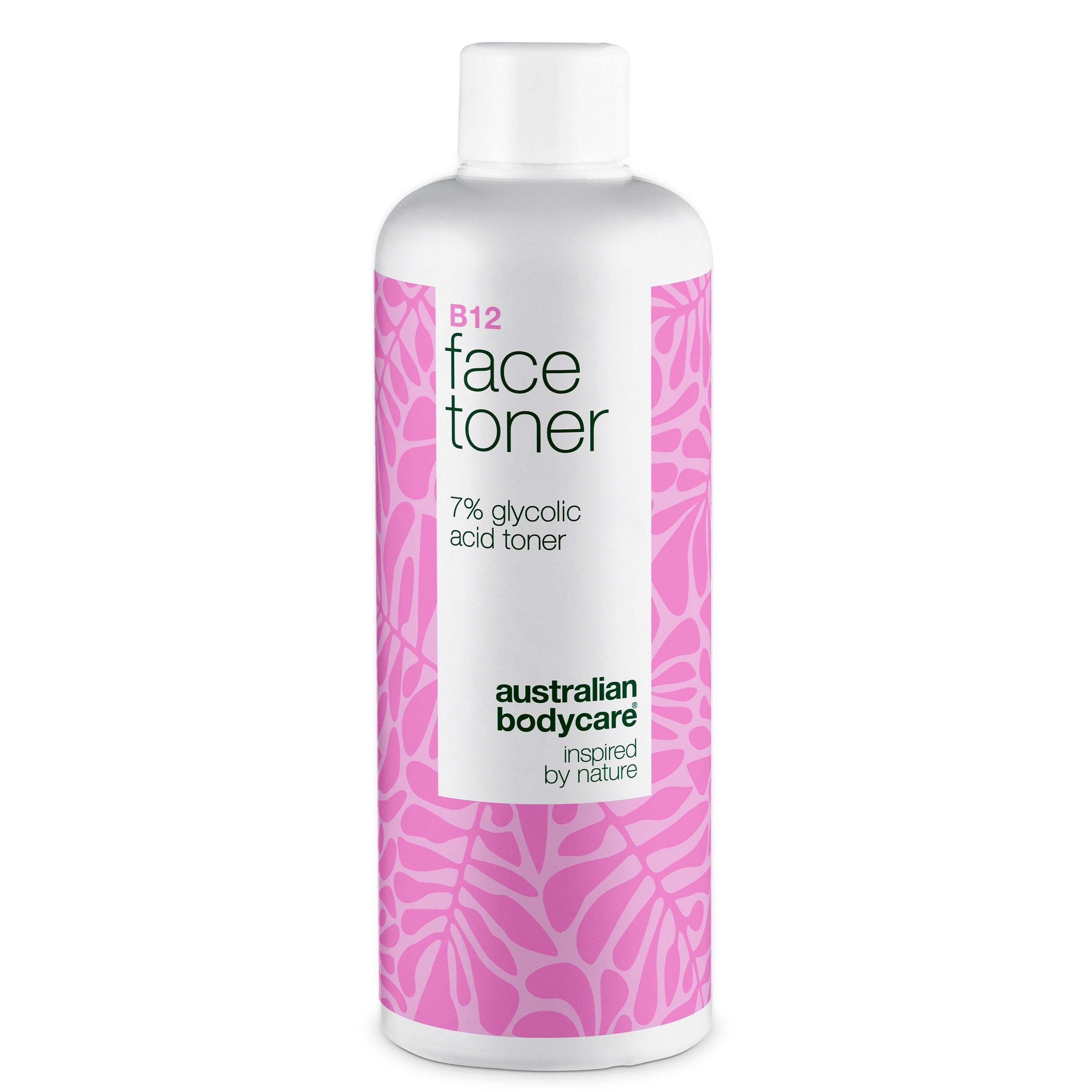 Witte fles met roze print. Opschrift: B12 Face Toner, 7% glycolzuur. Merk: Australian Bodycare.
