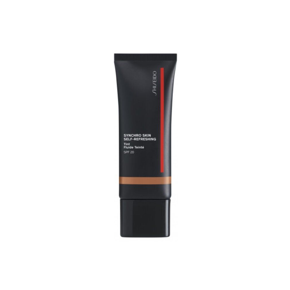 Tube noir avec inscription: Shiseido, Synchro Skin Self-Refreshing Tint, SPF 20. Nuance brune visible.