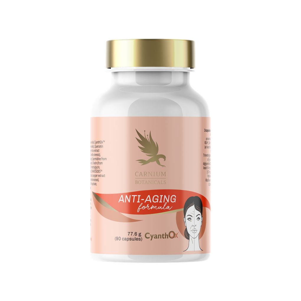 Witte pilfles met gouden dop. Opschrift: Carnium Botanicals, Anti-Aging formula, 90 capsules.