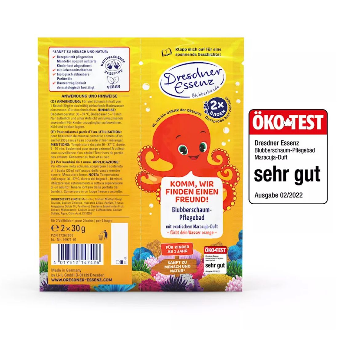Gele verpakking met productillustratie en tekst. Octopus illustratie. "Blubberschaum-Pflegebad". ÖKO-TEST zegel.
