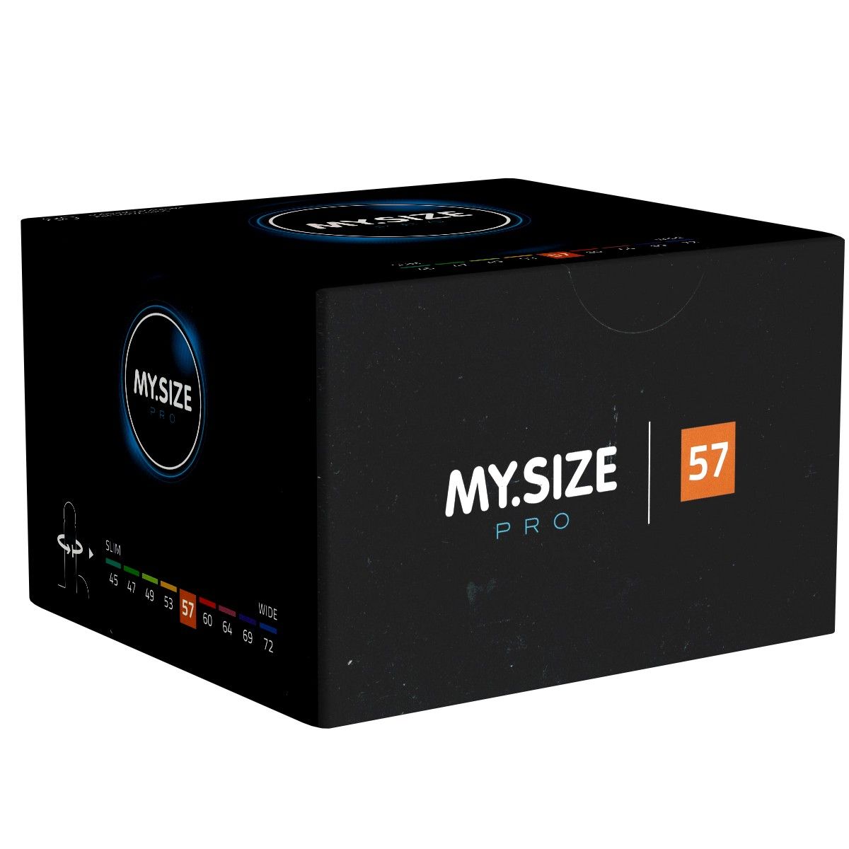 Zwarte verpakking met "MY.SIZE PRO" logo. Maten van 45 tot 72 mm. Maat 57 uitgelicht.