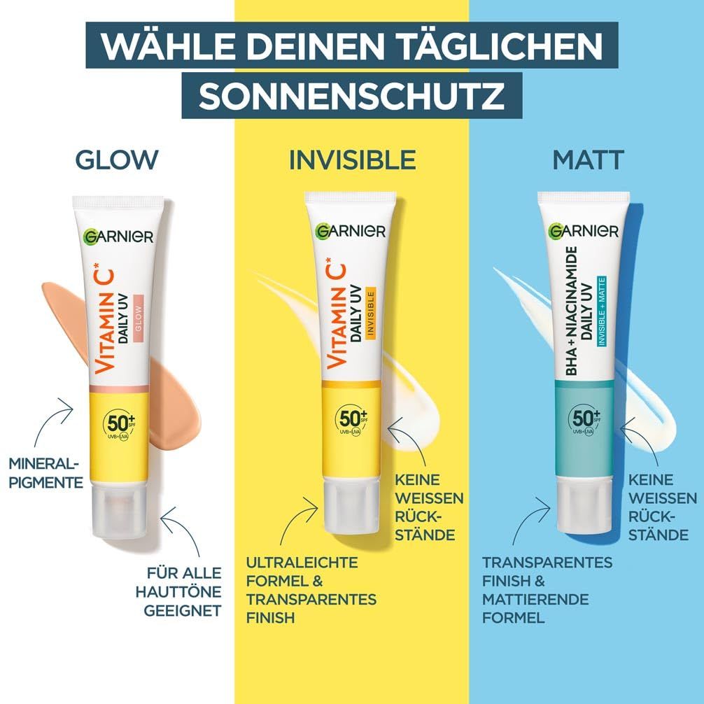 Garnier Daily UV. Trois tubes: Glow, Invisible, Matt. Texte: Vitamine C, BHA + Niacinamide, 50+ SPF.