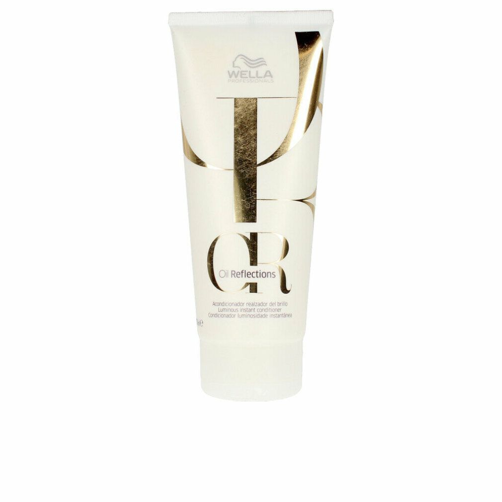 Witte tube met gouden tekst. Opschrift: Wella Oil Reflections Luminous Instant Conditioner. Productverpakking.