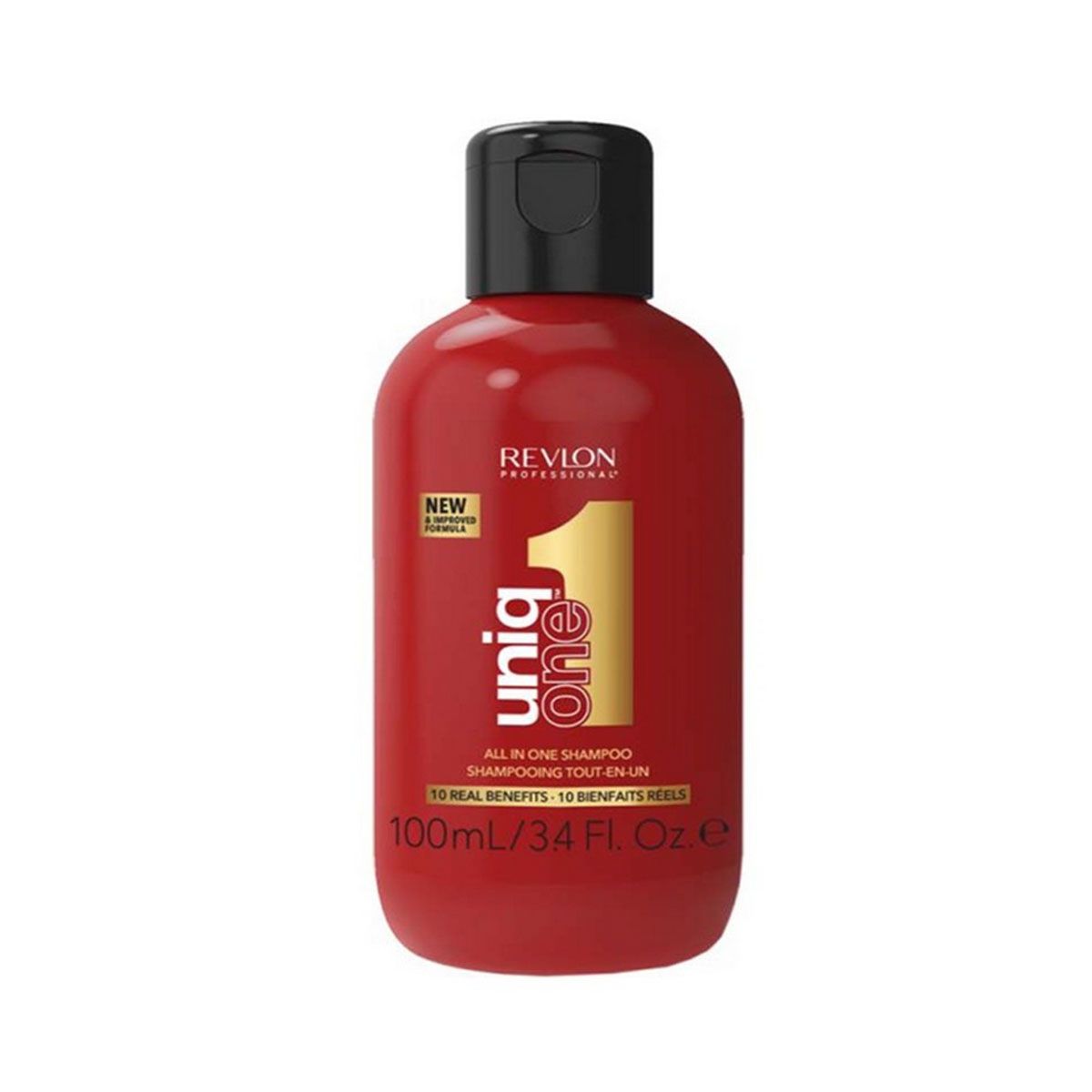 Flacon rouge Revlon Uniq One Shampoo avec pompe noire, 100ml.