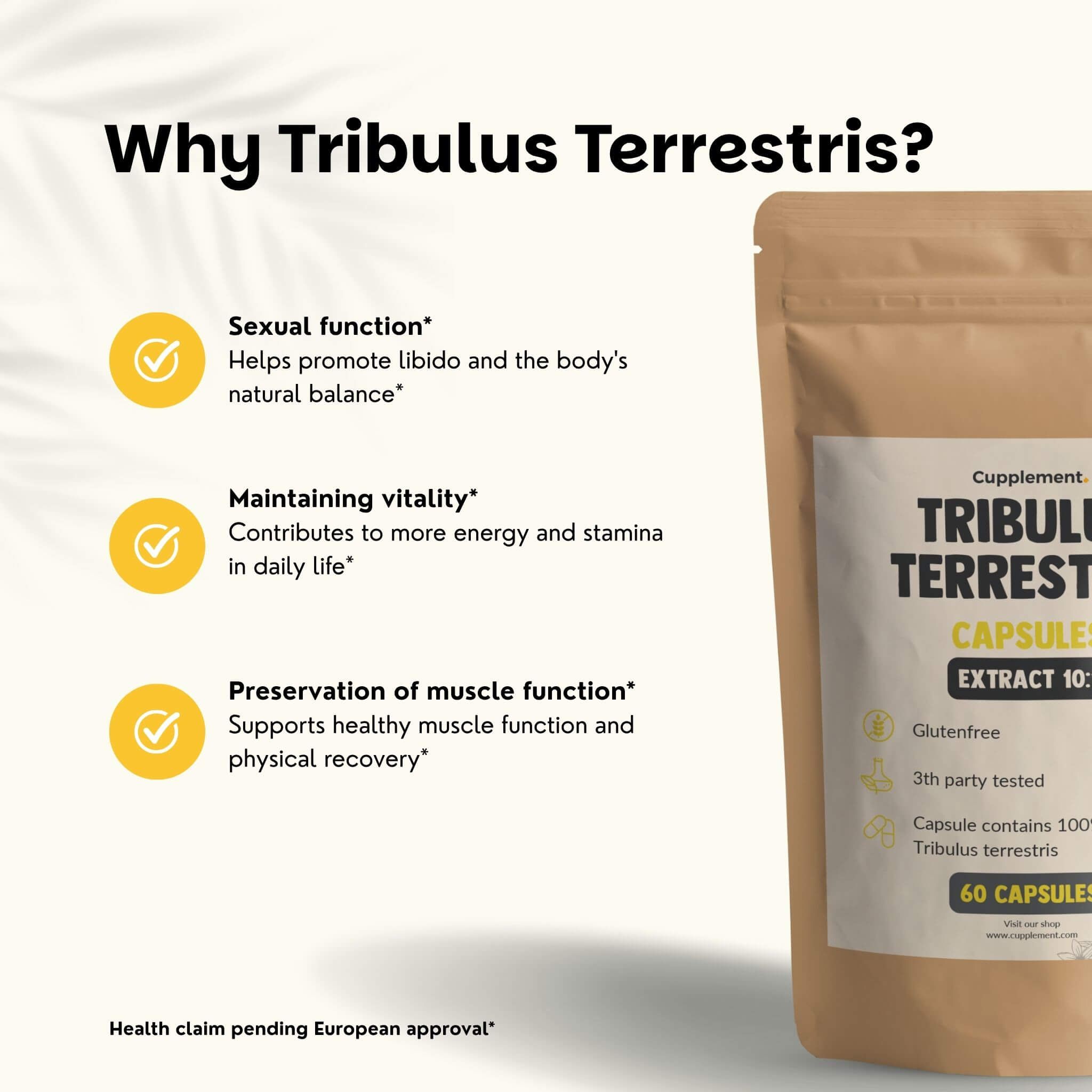 Emballage du produit. Texte: Pourquoi Tribulus Terrestris ? Fonction sexuelle, vitalité, fonction musculaire.
