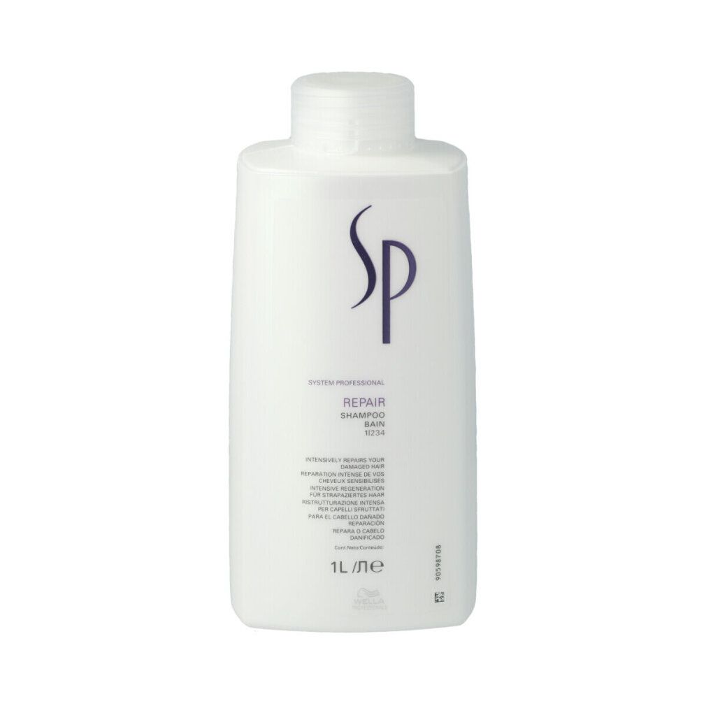 Witte shampoo fles met SP logo. Tekst: Repair Shampoo, 1L. Meertalige opschriften.