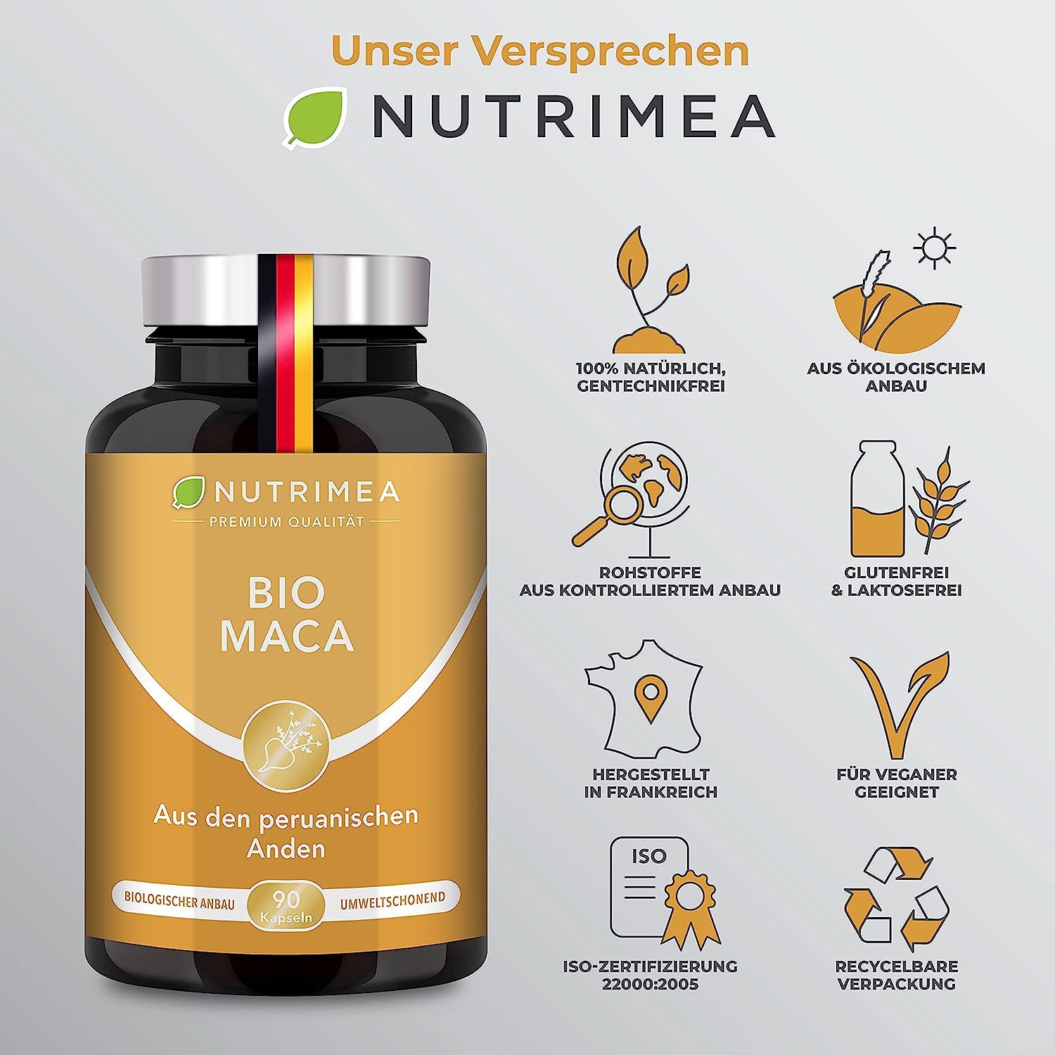 Bruine fles met capsules. Tekst: BIO MACA, 90 capsules. Iconen: 100% natuurlijk, uit biologische landbouw, glutenvrij, veganistisch.