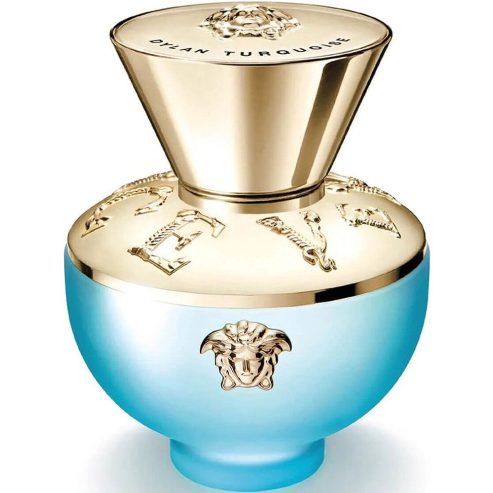 Turquoise fles met gouden dop. Versace-logo en opschrift Dylan Turquoise.