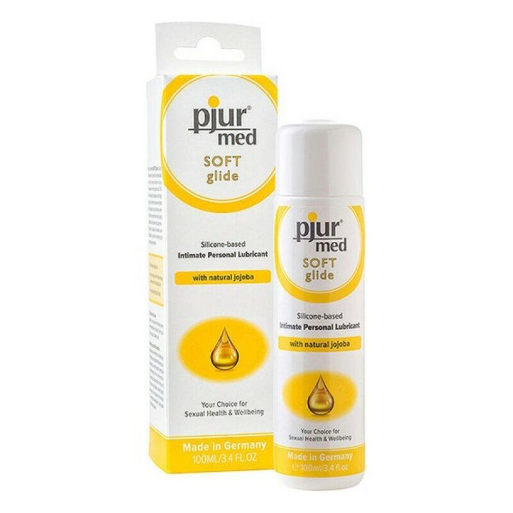 pjur med SOFT glide, siliconen glijmiddel met jojoba. Fles en verpakking. Geel-wit design. Made in Germany.