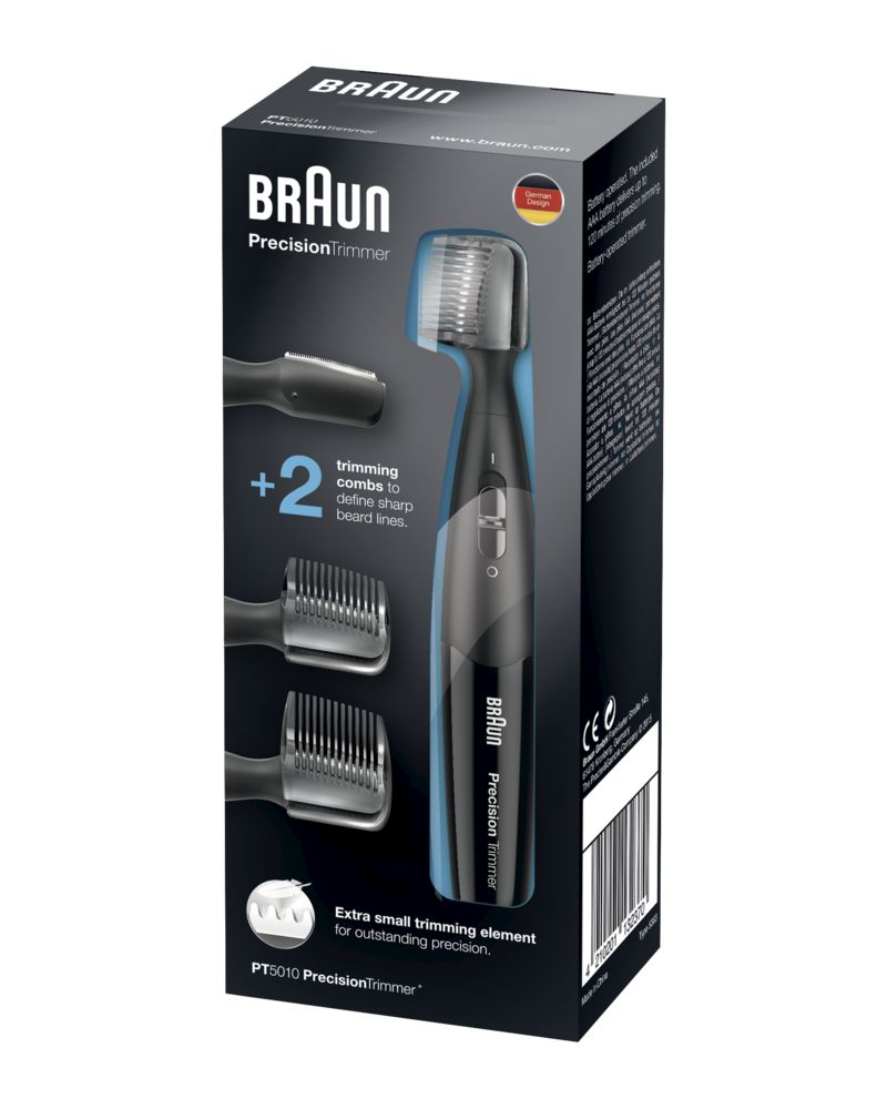 Emballage du Braun Precision Trimmer PT5010 avec tondeuse et accessoires.