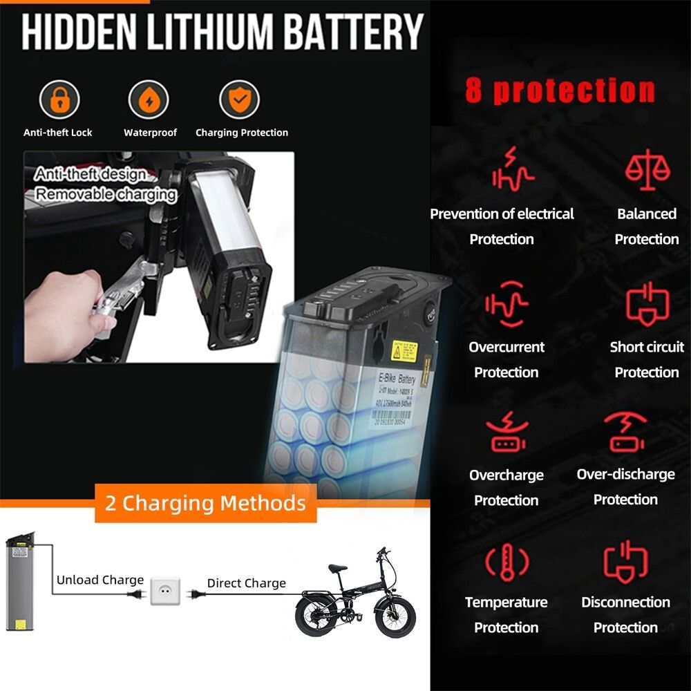 Graphique avec informations sur la batterie et la charge. Antivol, étanche, protection de charge. 2 méthodes de charge.