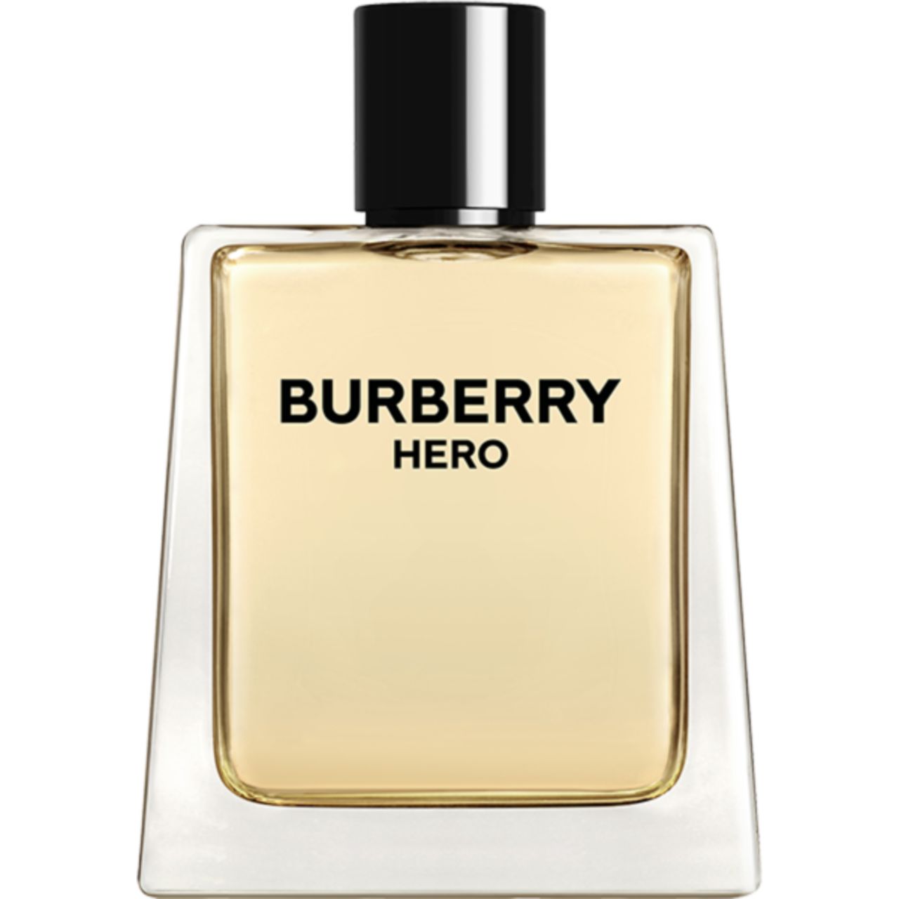 Burberry Hero Eau de Toilette. Flacon rectangulaire, bouchon noir. Inscription: Burberry Hero.