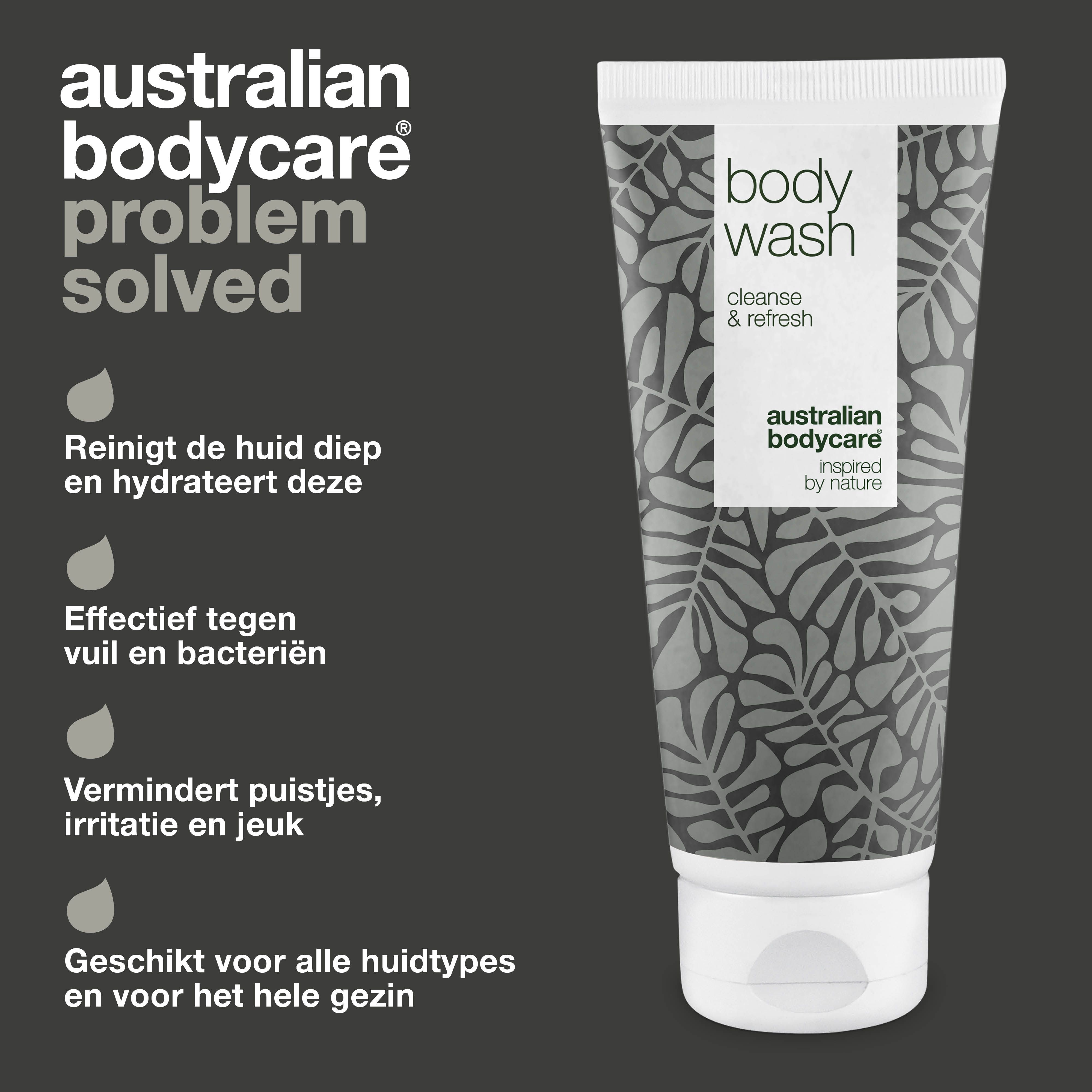 Tube met 'body wash' en 'australian bodycare'. Tekst en illustraties. Probleem opgelost.