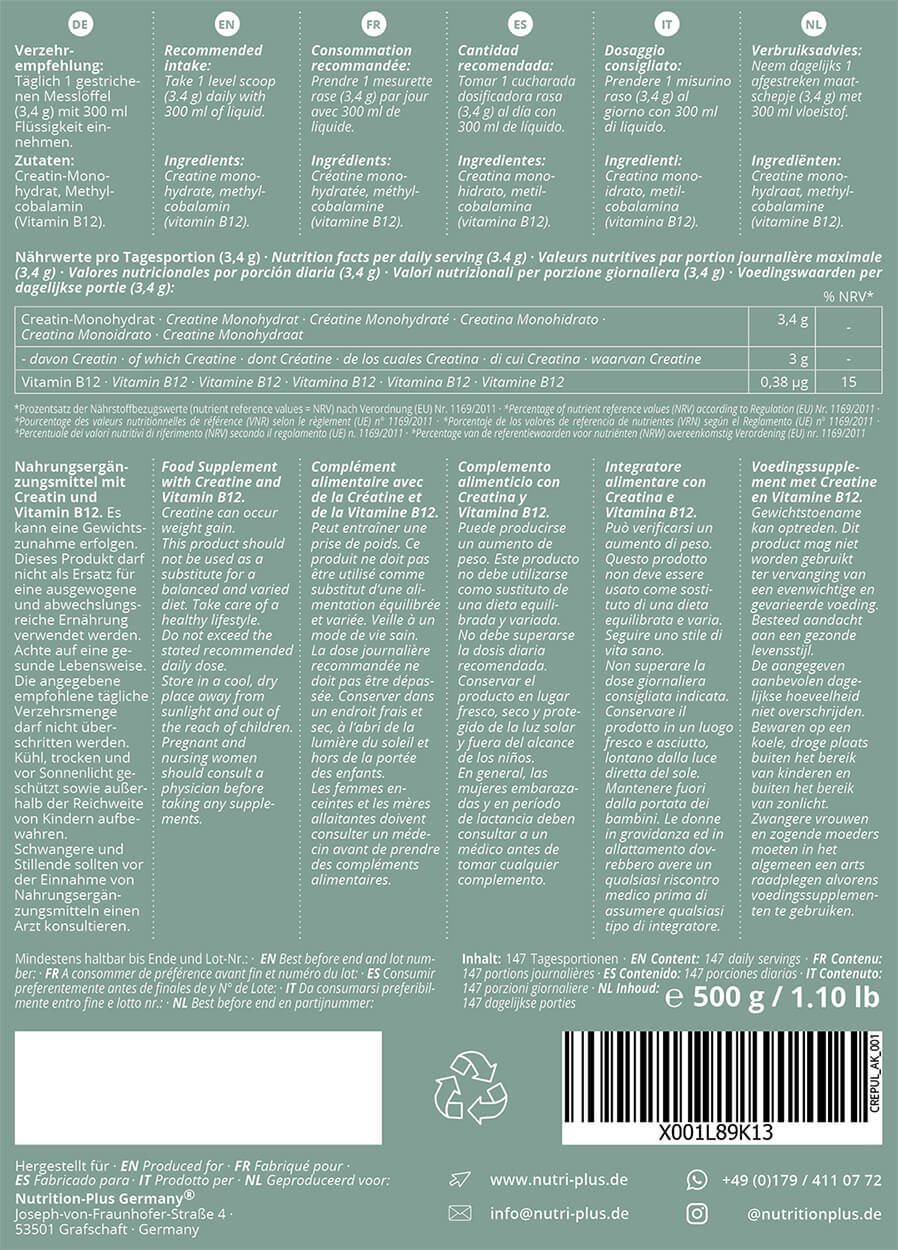 nutri+ Poudre de créatine monohydrate + B12