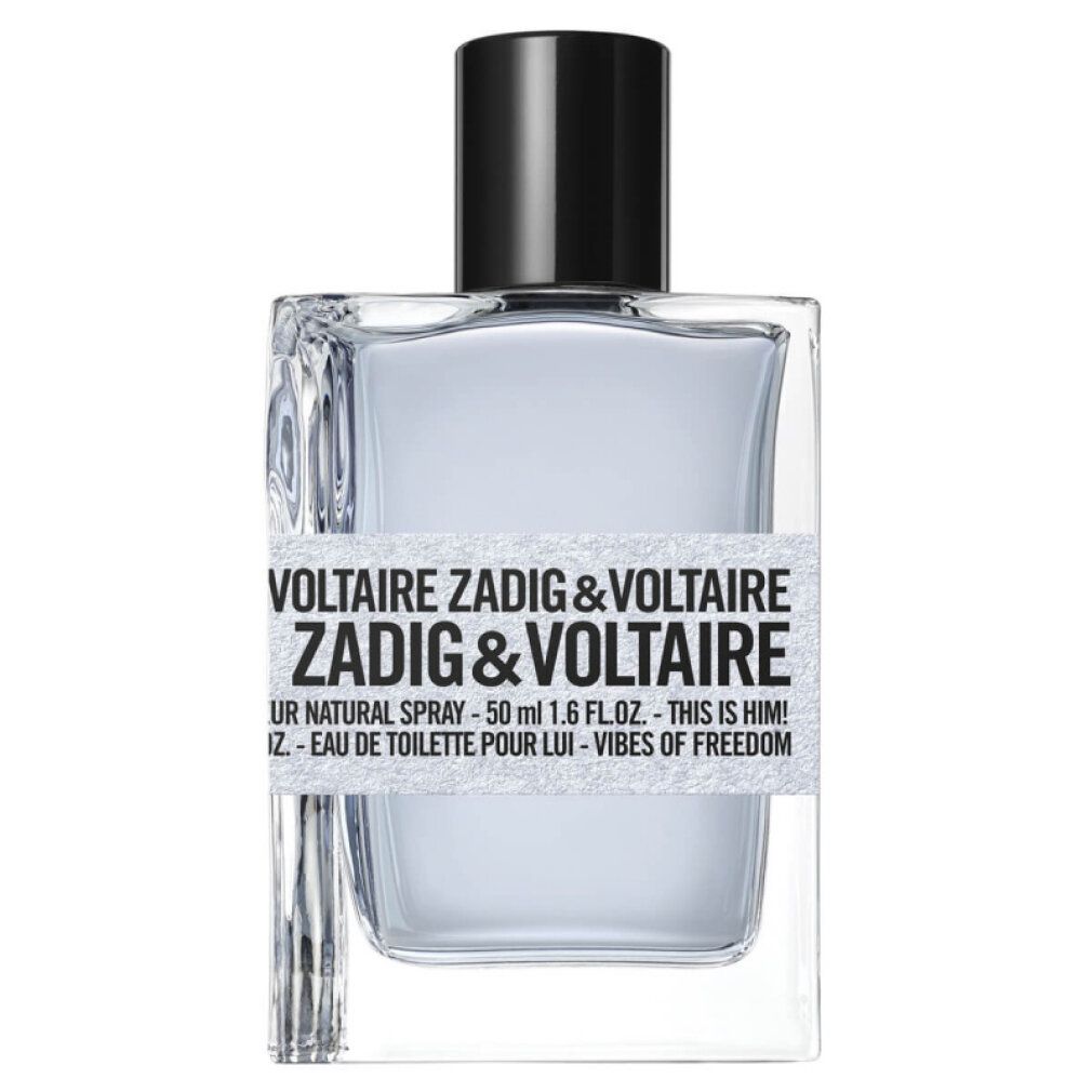 Flacon Zadig & Voltaire Eau de Toilette. Flacon clair, carré, bouchon noir. Étiquette avec texte.